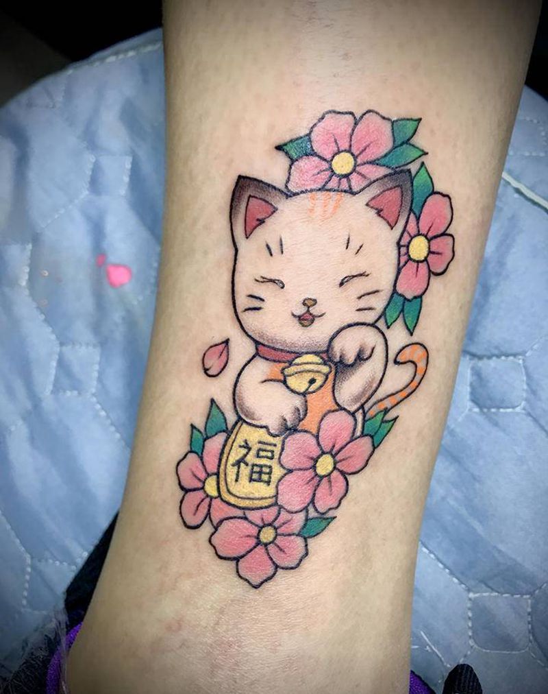 福气招财猫纹身图片_腿部新传统招财猫招财猫纹身图案