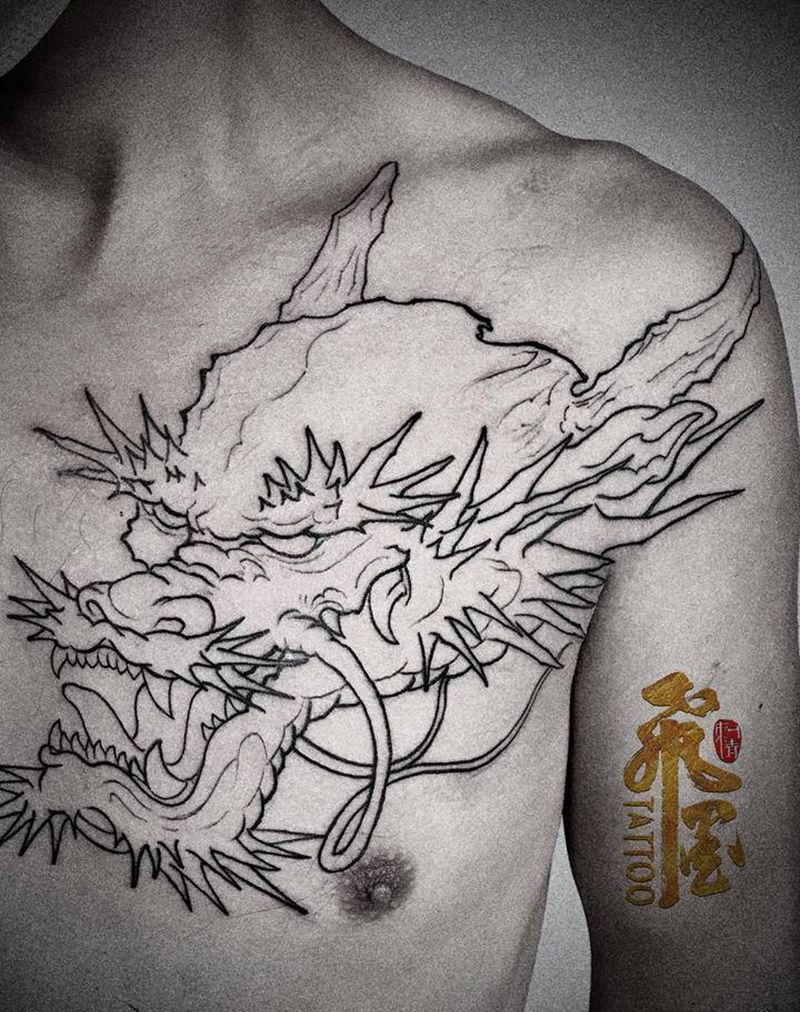 龙头纹身图片_胸部新传统龙纹身图案