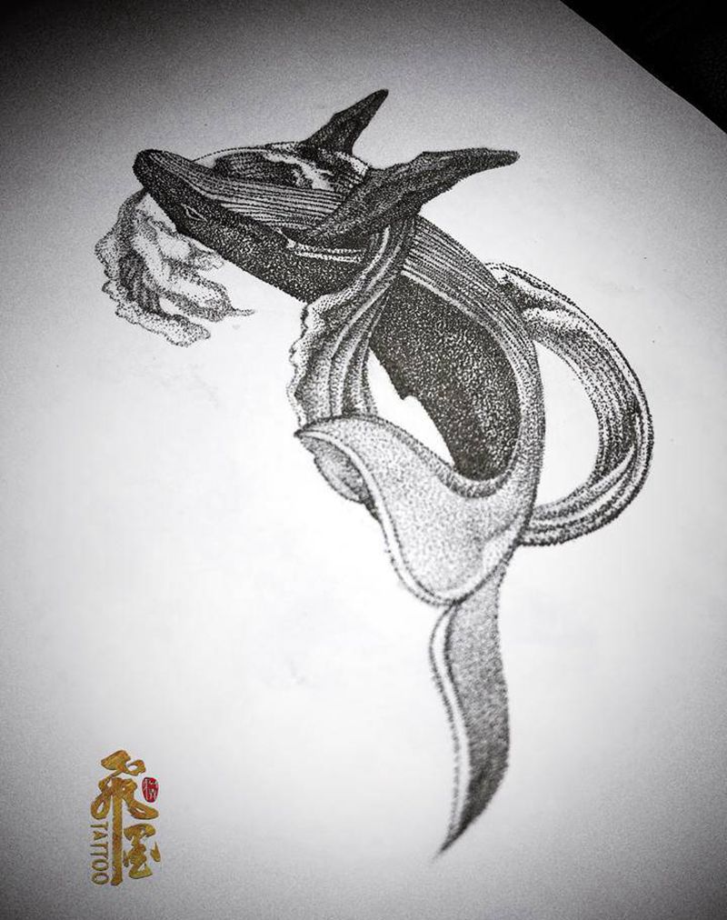 鲸鱼盖疤纹身图片_手臂点刺小臂遮盖鲸鱼遮盖纹身图案