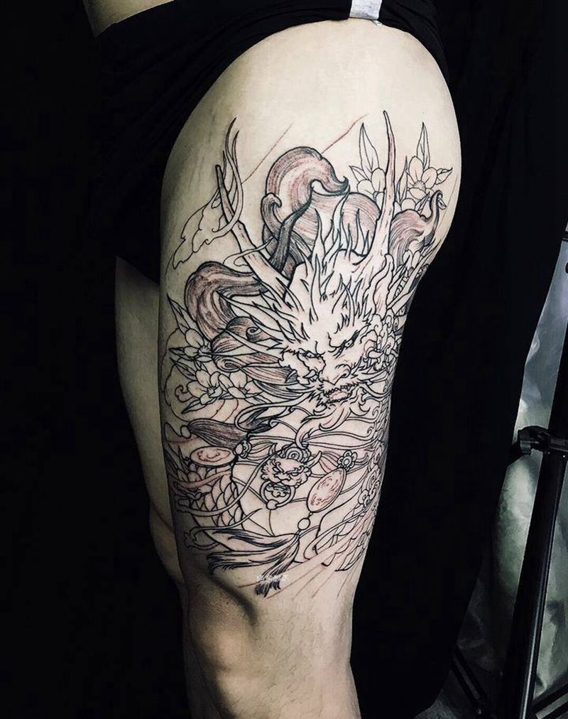 线纹身图片_成品手稿腹部臀部腿部手臂国画清新鬼神动物纹身图案