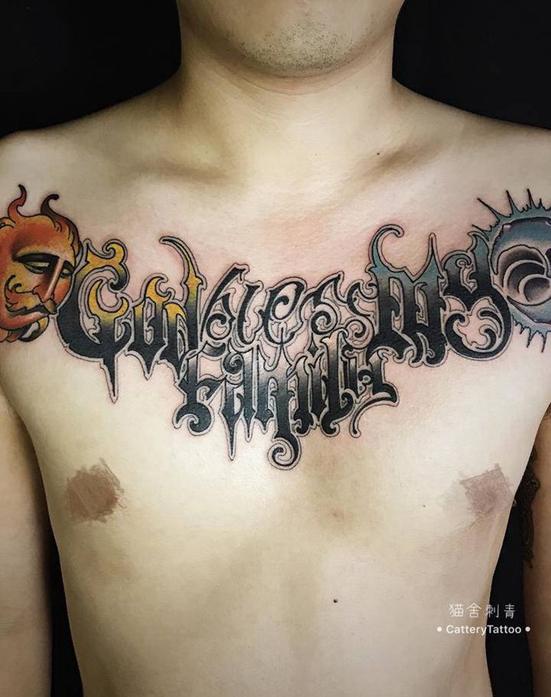 花胸纹身图片_肩部胸部花体字纹身图案