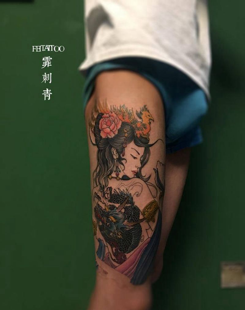 艺伎纹身图片_腿部新传统纹身图案