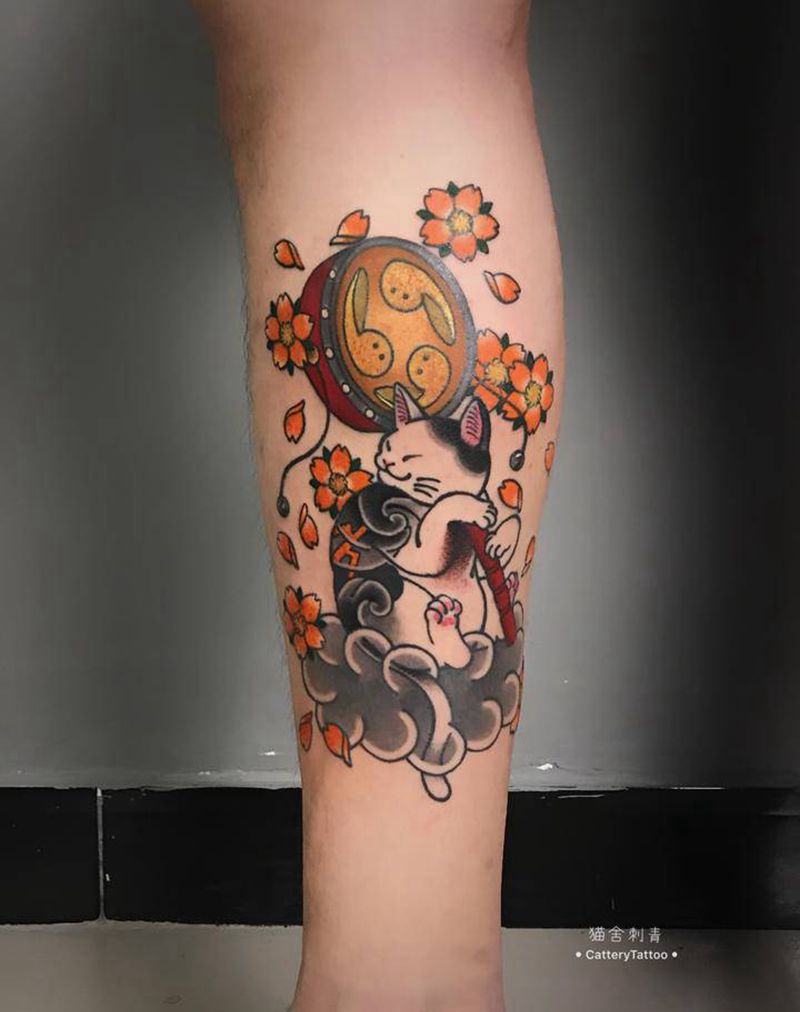 猫纹身图片_手臂腿部老传统New School纹身图案