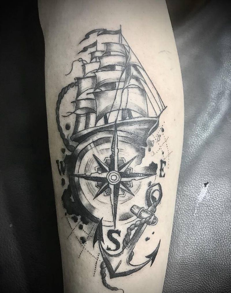 罗盘帆船纹身图片_腿部欧美写实New School锚帆船罗盘纹身图案