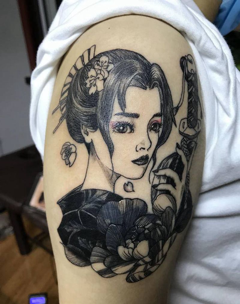艺妓纹身图片_肩部手臂新传统艺妓纹身图案