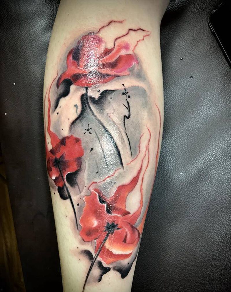 火之罂粟纹身图片_腿部新传统New School火罂粟纹身图案