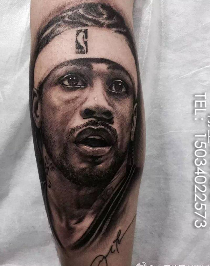 艾弗森肖像纹身图片_腿部欧美写实纹身图案