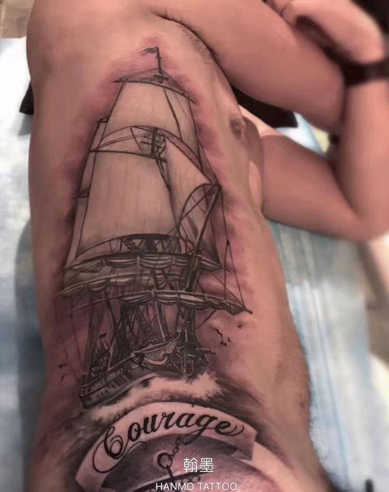 帆船⛵️纹身图片_腰部欧美写实纹身图案
