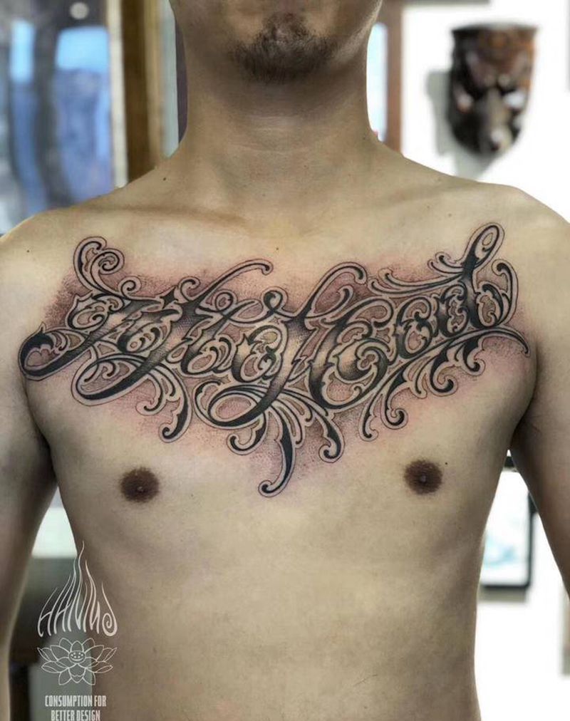 花体字纹身图片_胸部花体字纹身图案