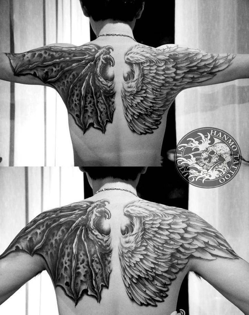 翅膀纹身图片_背部欧美写实纹身图案