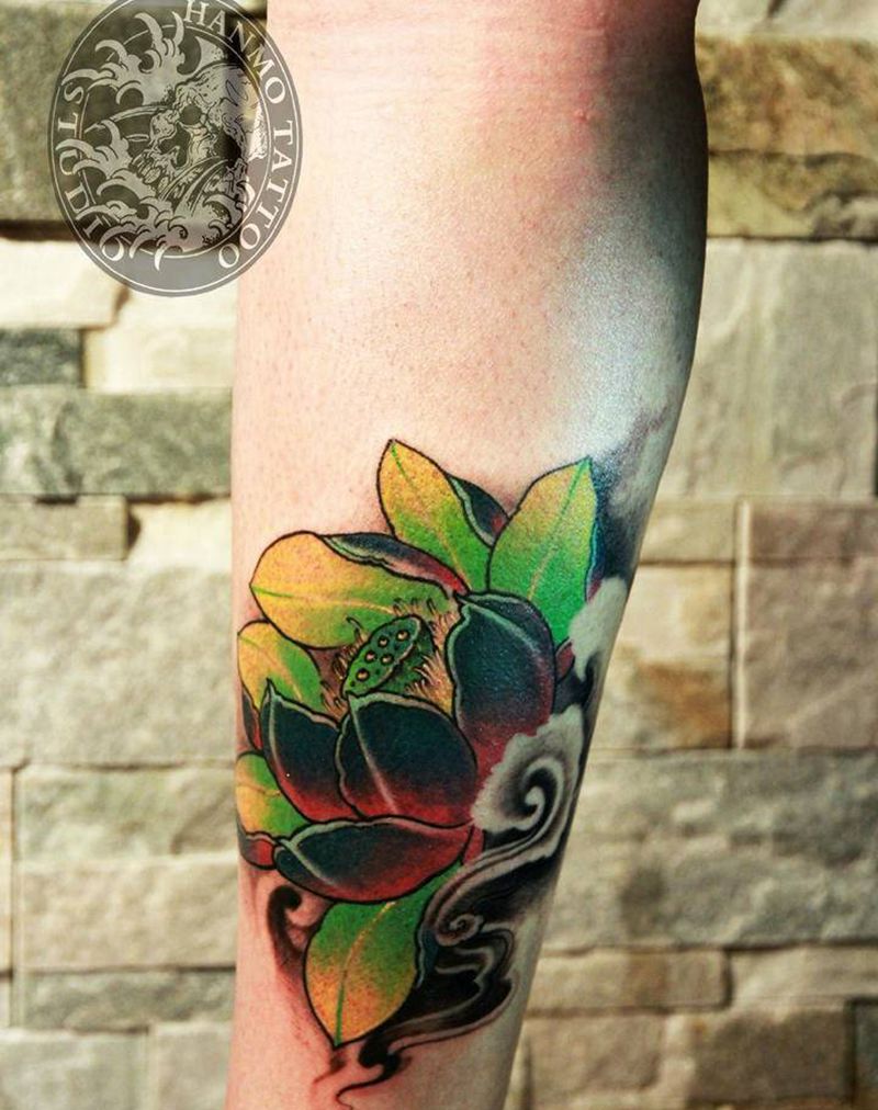 莲花盖图纹身图片_腿部Old SchoolNew School纹身图案