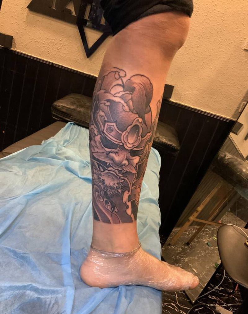 鬼武士纹身图片_腿部老传统新传统纹身图案