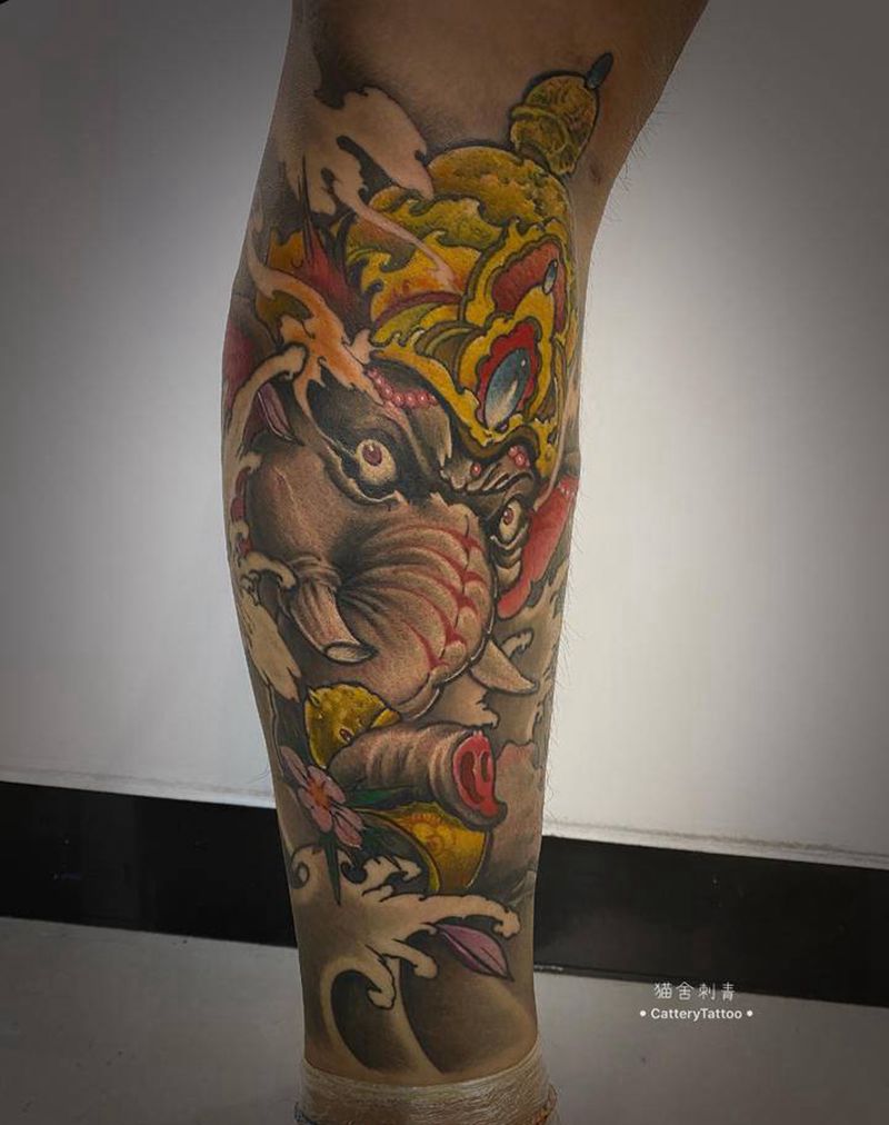 象神纹身图片_手臂腿部新传统纹身图案