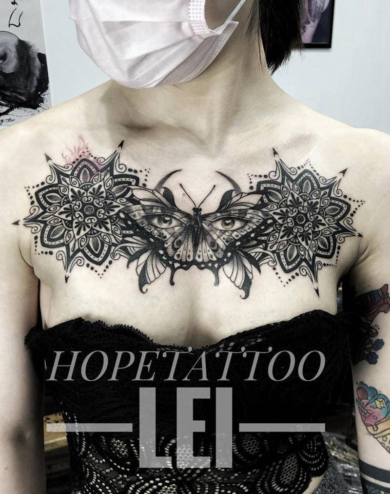 胸花纹身图片_胸部点刺纹身图案