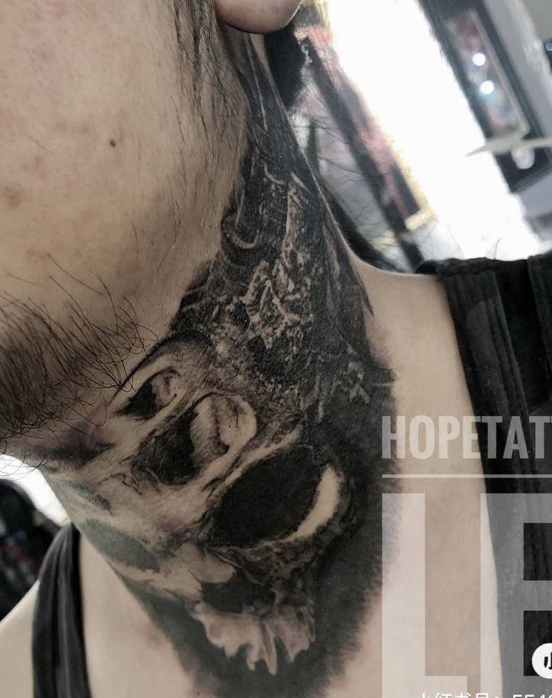 暗黑脖子纹身图片_颈部欧美写实纹身图案