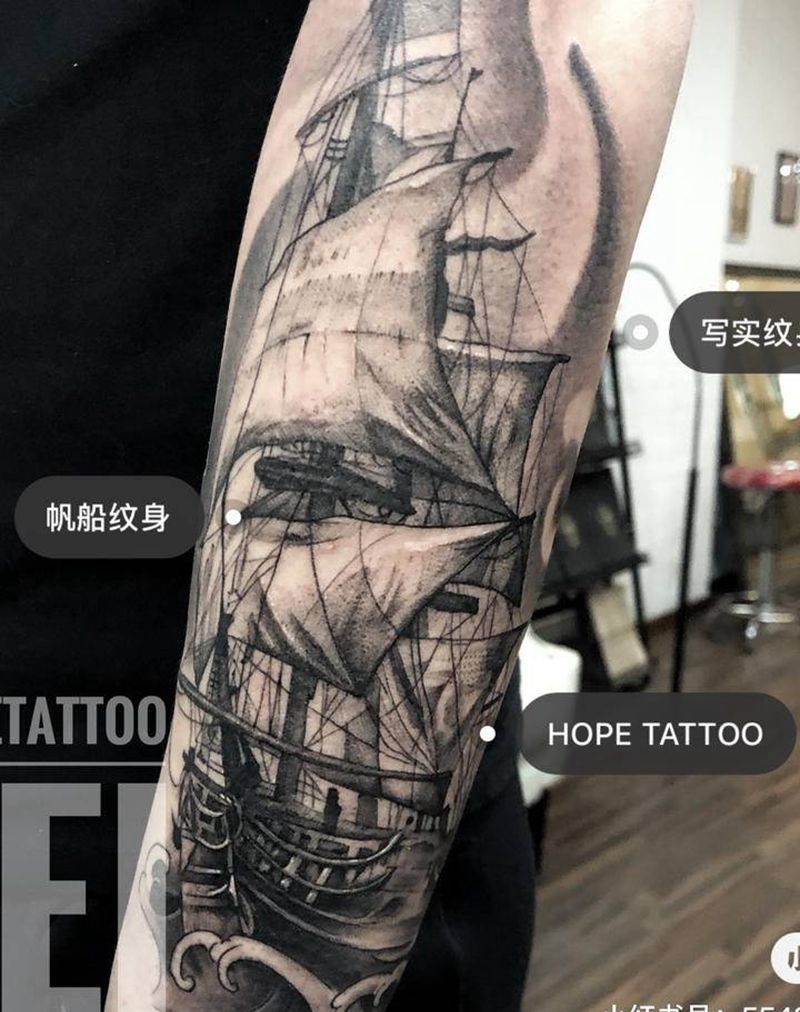 启航纹身图片_手臂欧美写实纹身图案