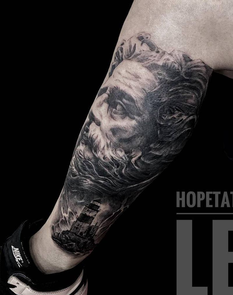 遮盖波塞冬纹身图片_腿部欧美写实纹身图案