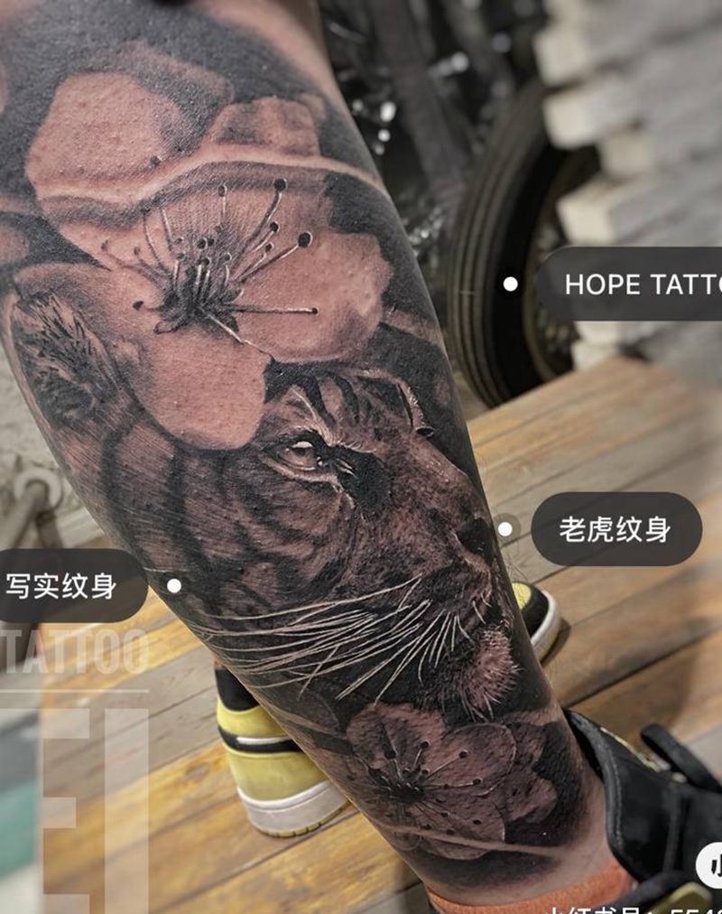 大老虎纹身图片_腿部欧美写实纹身图案