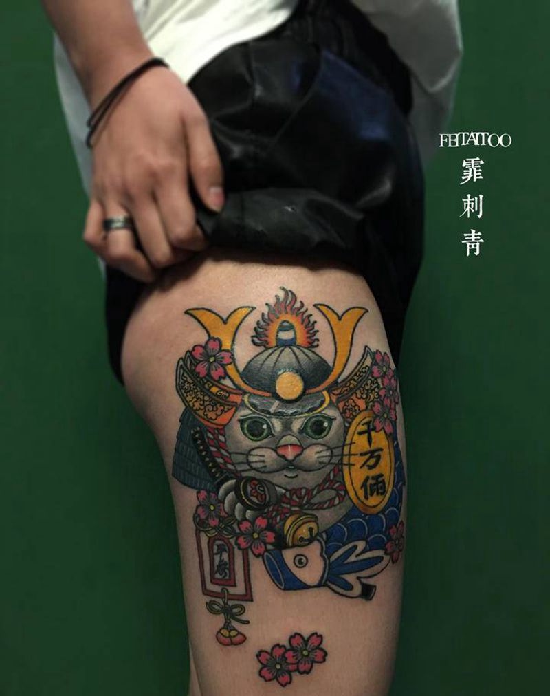 招财猫纹身图片_腿部New School纹身图案
