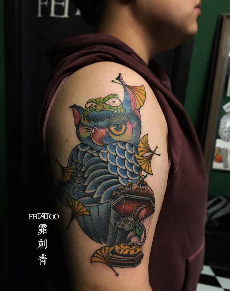 猫头鹰纹身图片_手臂New School纹身图案
