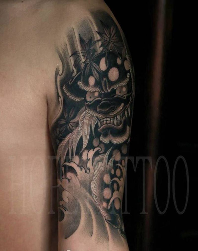 唐狮纹身图片_手臂老传统新传统纹身图案