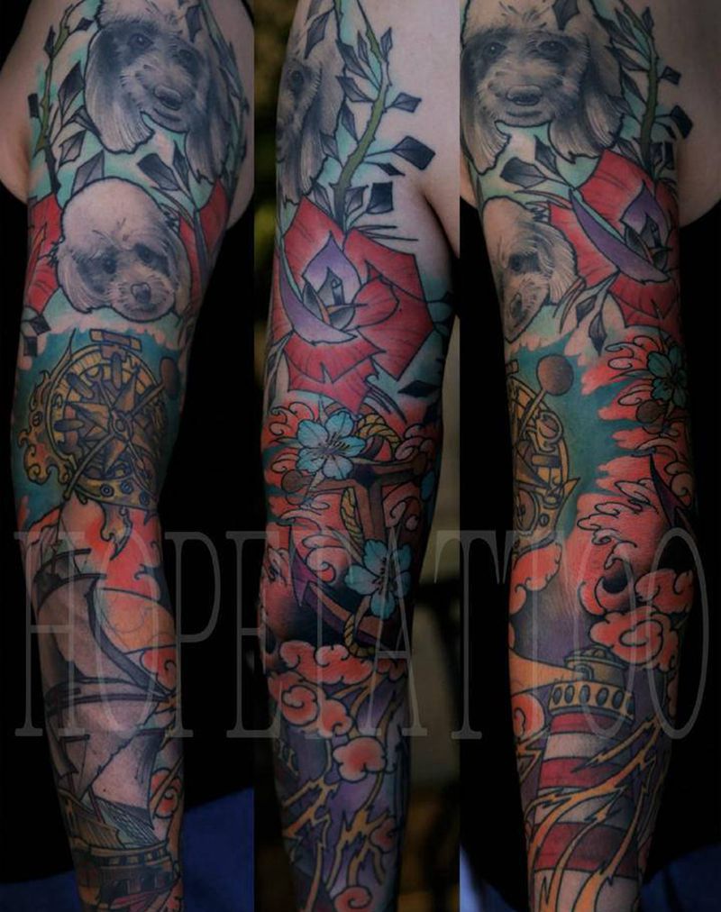 拼接花臂纹身图片_手臂Old SchoolNew School纹身图案