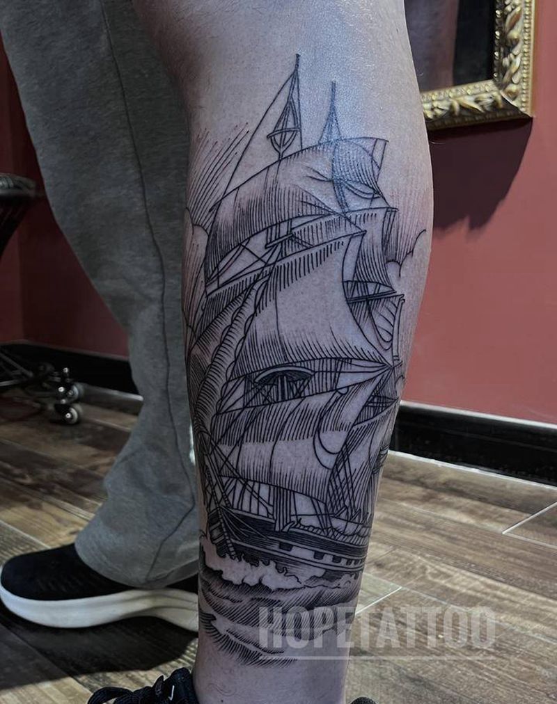 帆船纹身图片_腿部几何图腾纹身图案