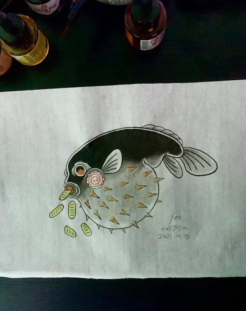 河豚吐金纹身图片_老传统纹身图案