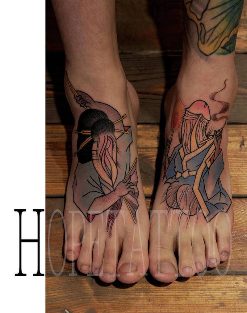 满背纹身图片_脚部New School新传统纹身图案