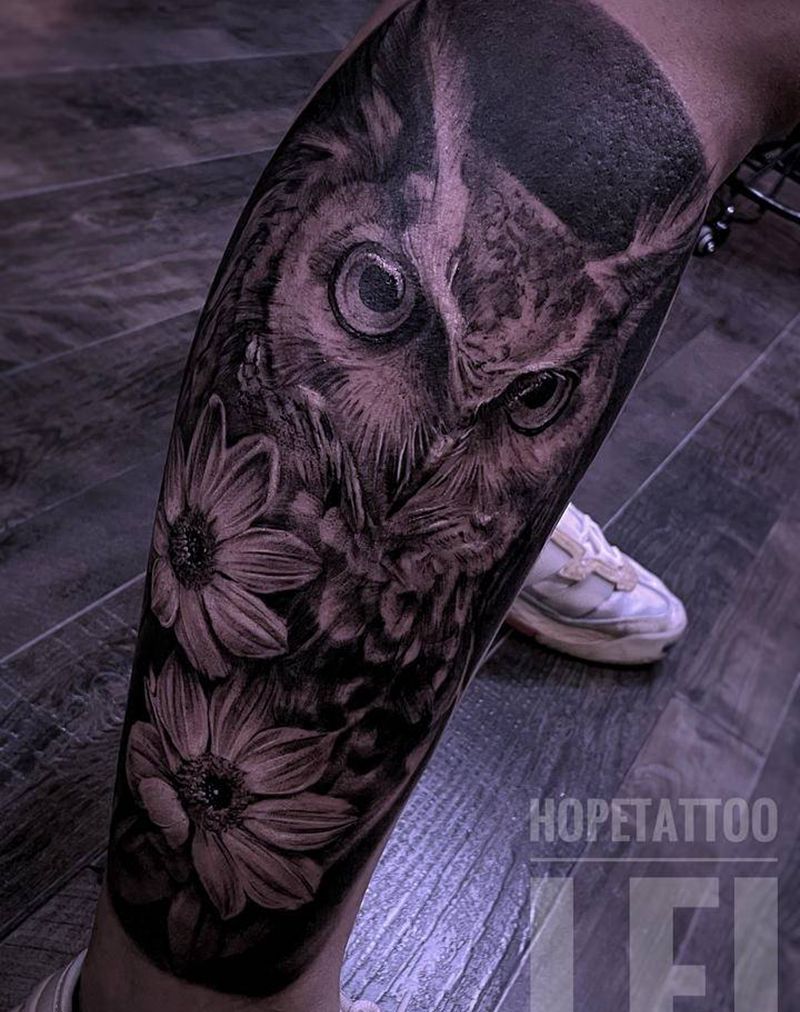 猫头鹰纹身图片_腿部欧美写实猫头鹰纹身图案