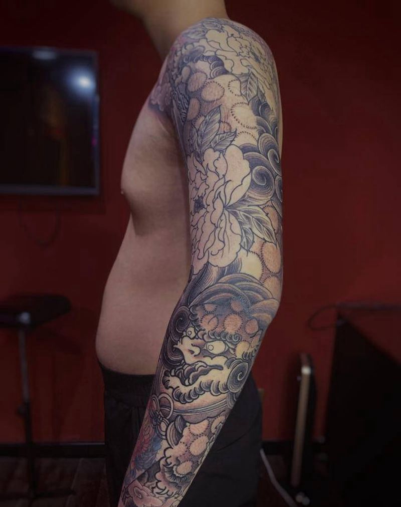 传统唐狮子花臂  进度+1纹身图片_手臂新传统纹身图案