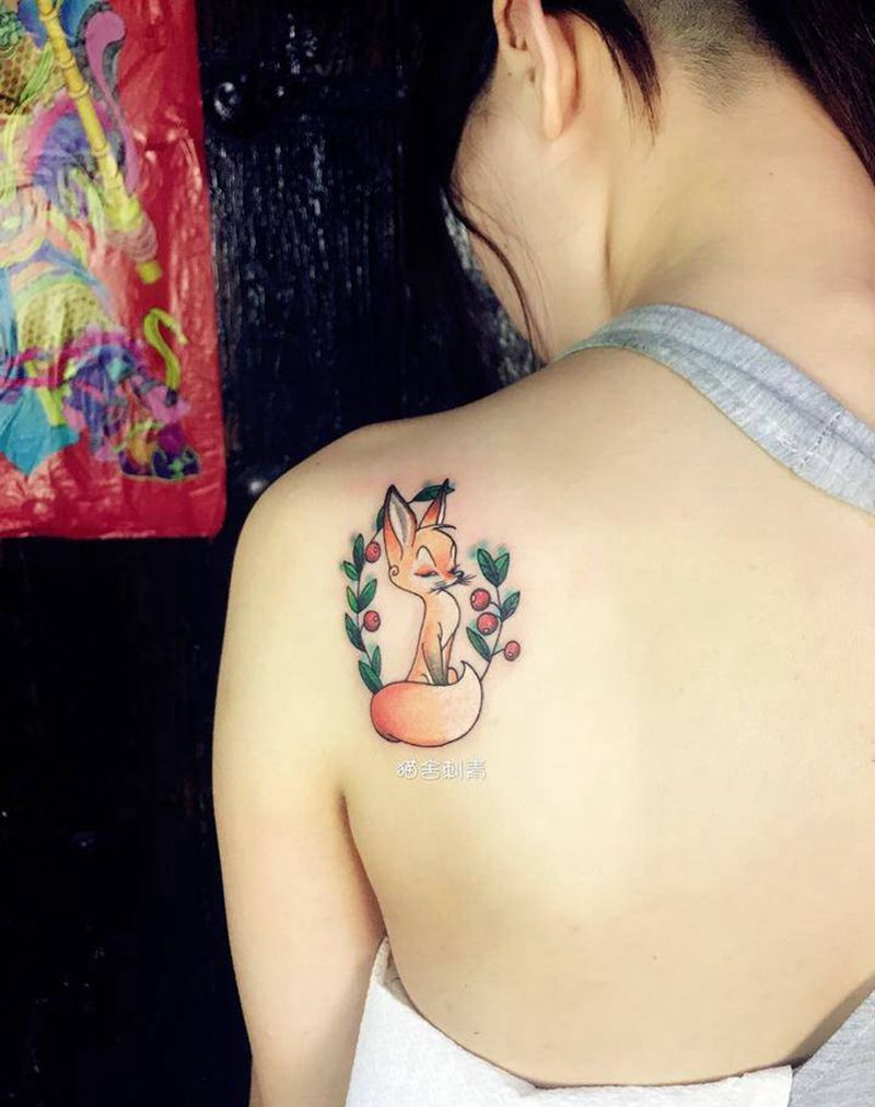 小狐狸纹身图片_成品手稿插画肩部清新写实动物静物原创纹身图案