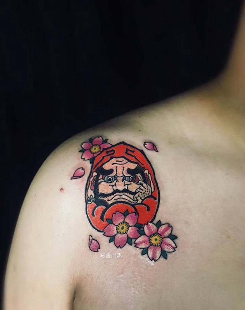 达摩蛋纹身图片_成品插画手稿颈部肩部传统清新宗教鬼神人物纹身图案