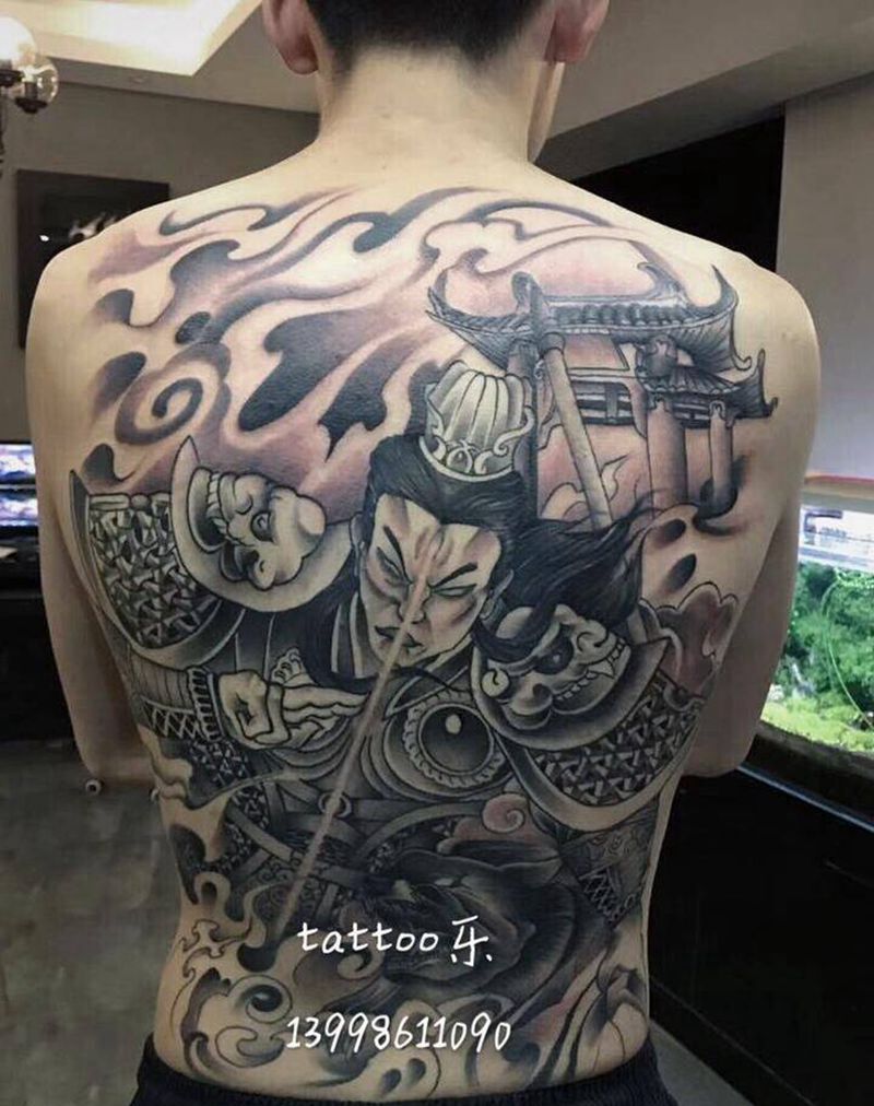 二郎神纹身图片_背部老传统新传统纹身图案