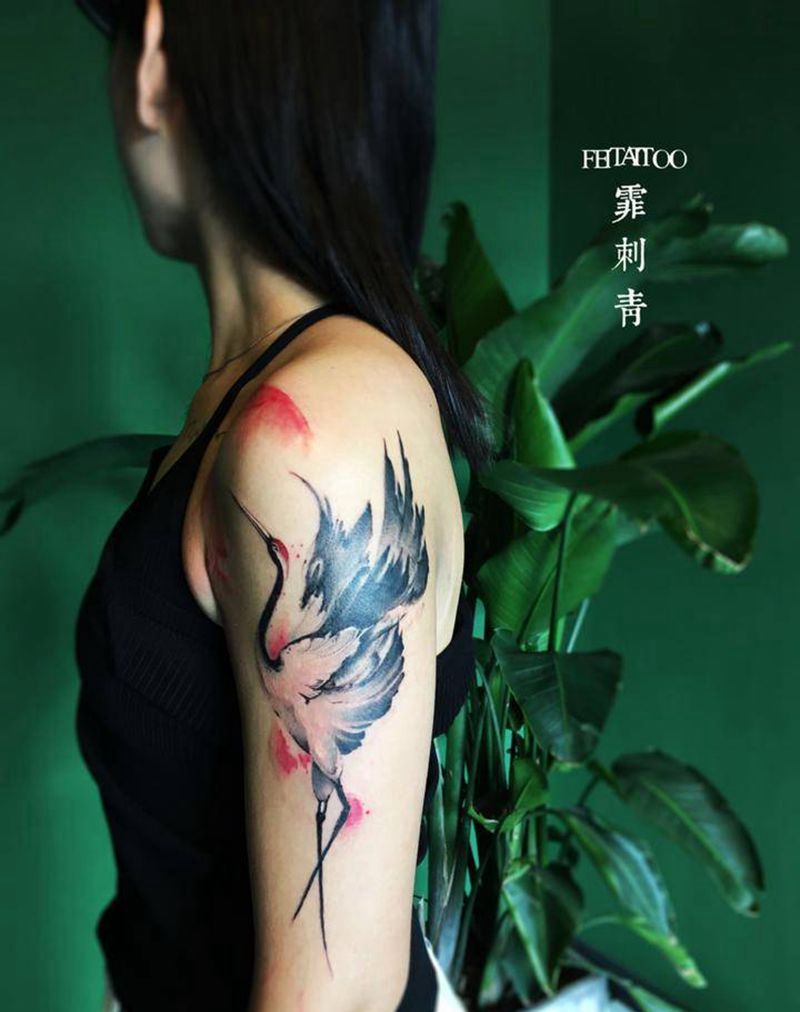 鹤纹身图片_水墨纹身图案