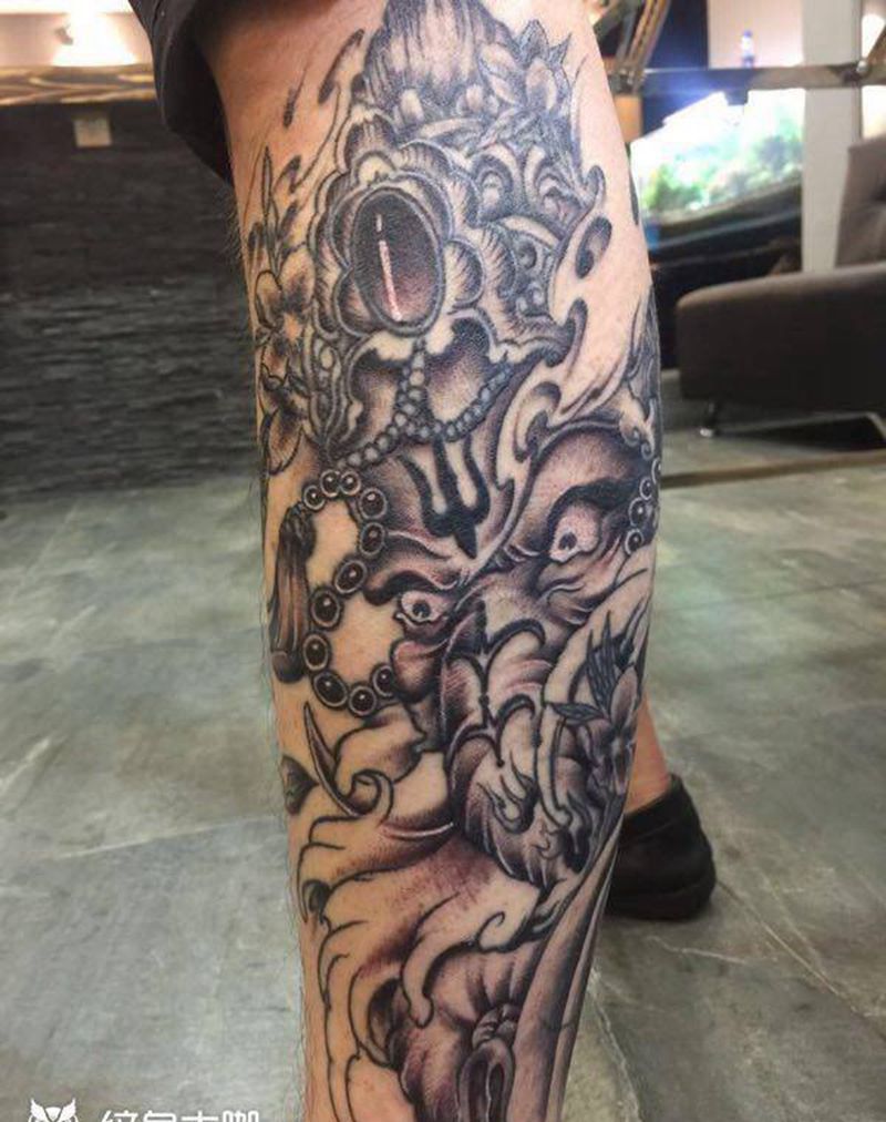 象神纹身图片_成品腿部传统鬼神动物纹身图案