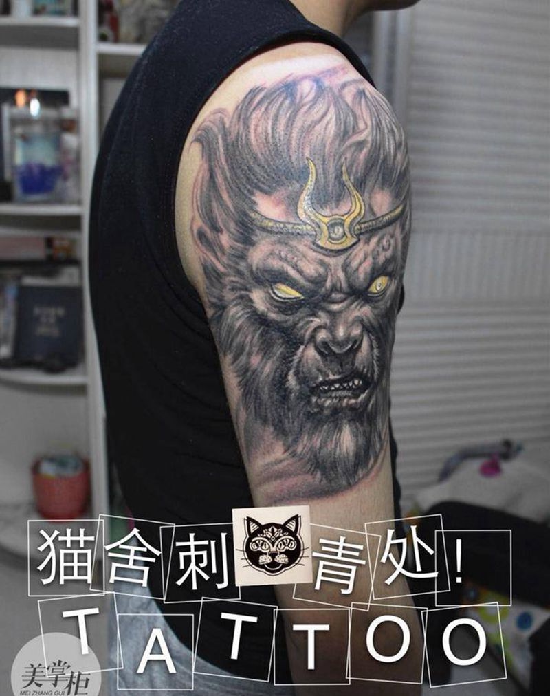 黑暗悟空纹身图片_欧美肖像写实人物鬼神手臂纹身图案