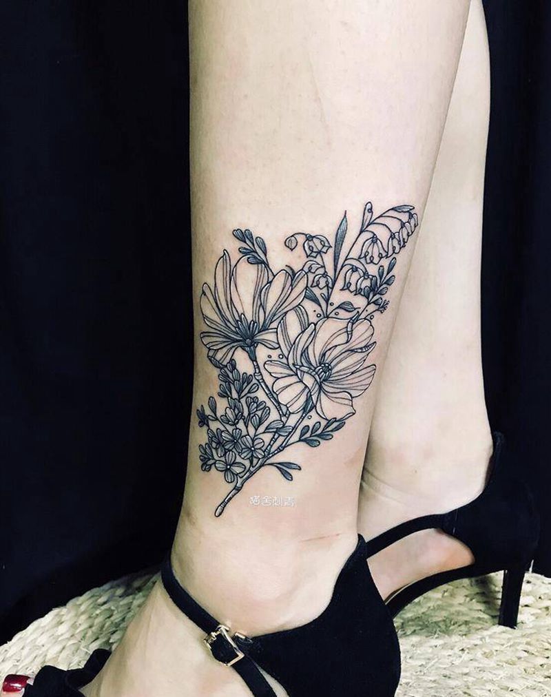 花纹身图片_手臂腿部点刺几何花小清新纹身脚腕纹身图案