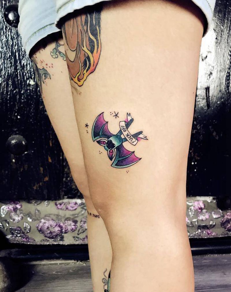 蝙蝠纹身图片_成品手稿腿部欧美动物图腾宗教鬼神字符纹身图案