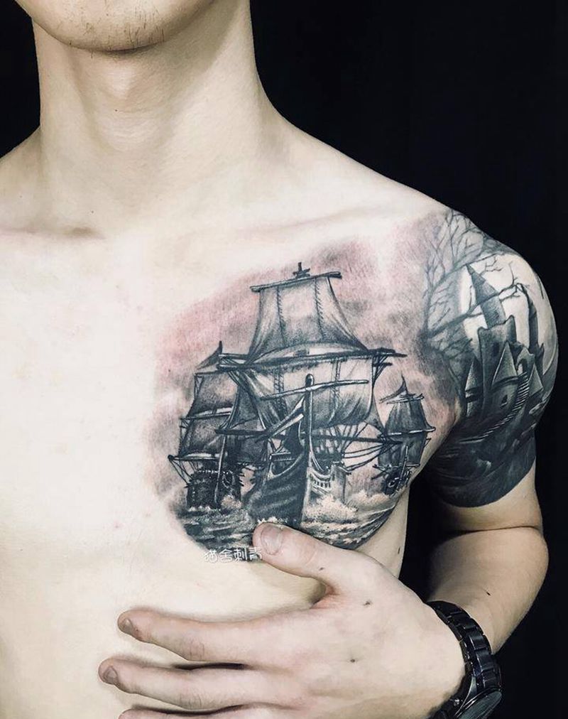 帆船纹身图片_成品手稿胸部写实欧美静物原创鬼神纹身图案