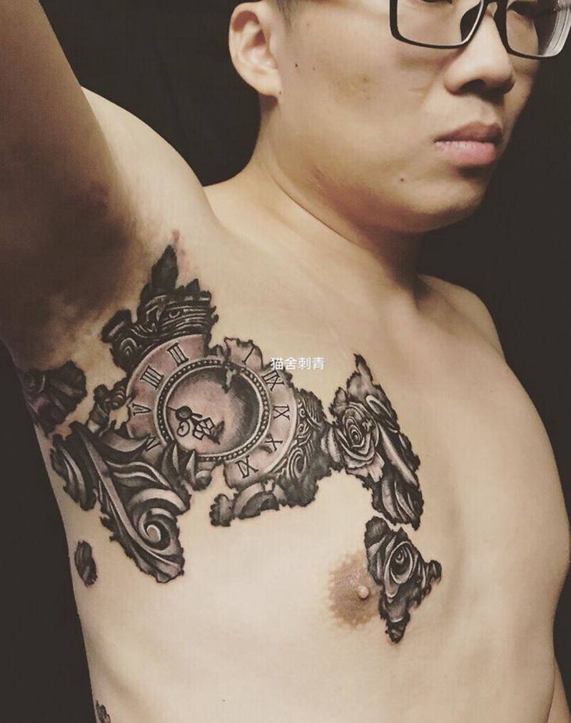 白癜风遮盖纹身图片_成品胸部背部肩部欧美原创植物几何纹身图案