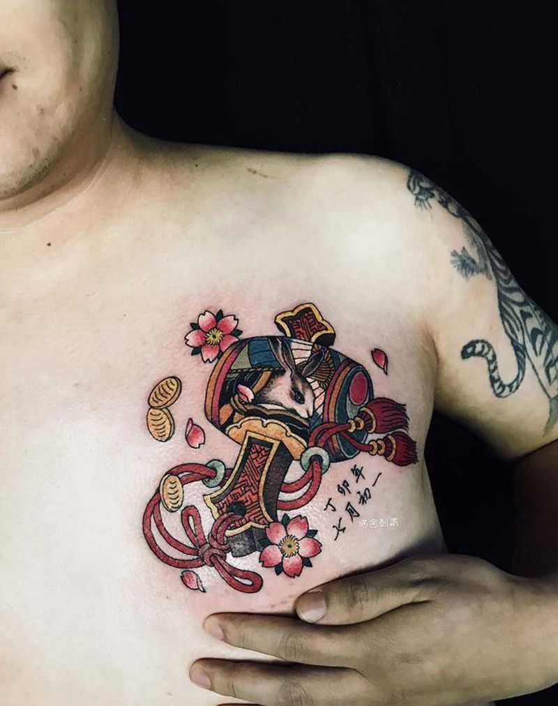 兔子纹身图片_成品手稿胸部手臂传统动物鬼神原创宗教纹身图案