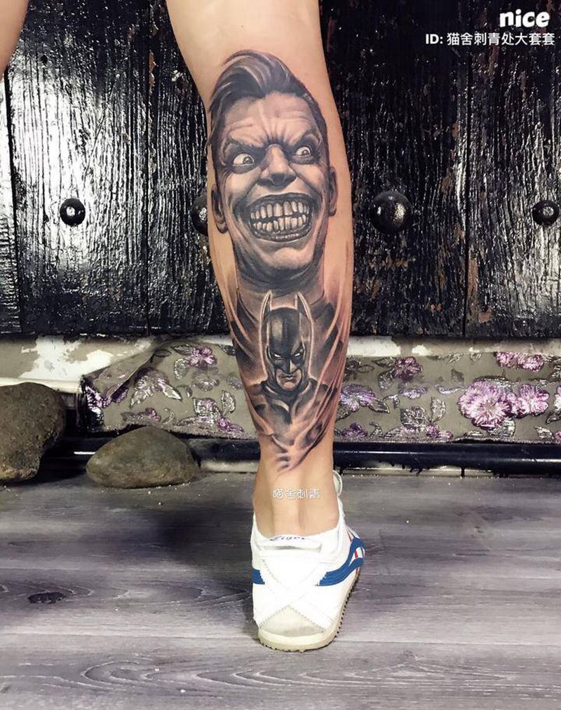 小丑纹身图片_成品插画腿部欧美写实人物鬼神原创纹身图案