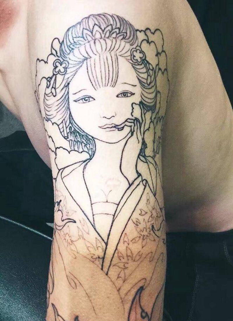 唐狮艺妓花臂纹身图片