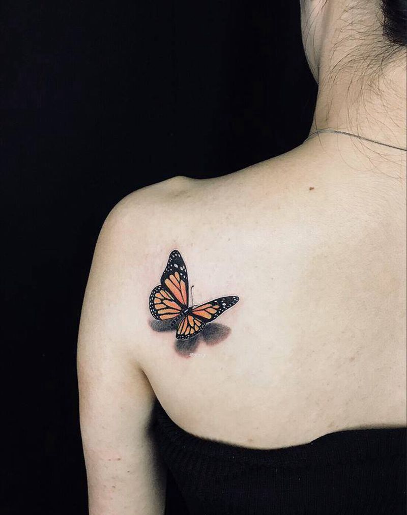 蝴蝶纹身图片_成品手稿肩部手臂欧美写实清新动物字符纹身图案