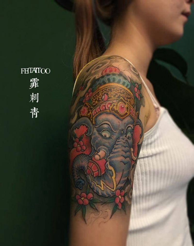 象神纹身图片_新传统纹身图案