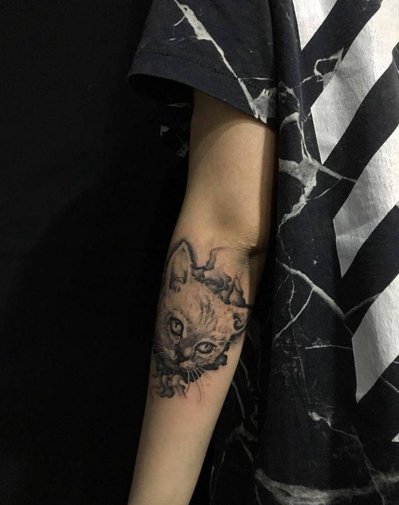 猫写实纹身图片_手臂欧美写实纹身图案
