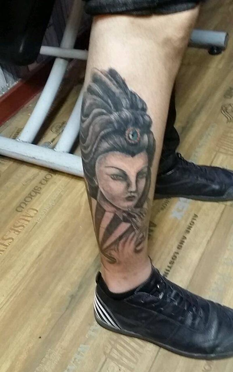 艺妓纹身图片_腿部传统肖像人物成品纹身图案