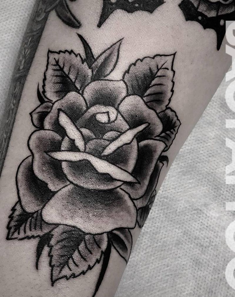 玫瑰纹身图片_腿部手部老传统Old School纹身图案