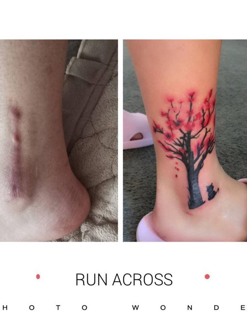 疤痕覆盖纹身图片_腿部水彩纹身图案